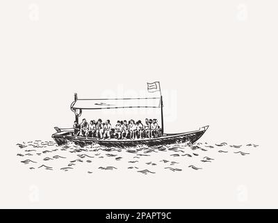 Croquis du bateau traditionnel abra - transport public local sur Dubaï grec. Illustration vectorielle dessinée à la main isolée Illustration de Vecteur