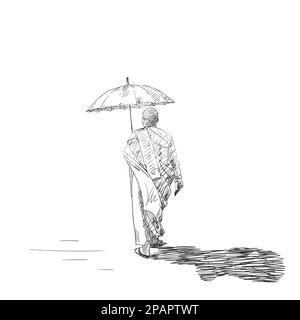 Croquis de la marche bouddhiste nun sous parapluie, dessin de vecteur à la main illustration Illustration de Vecteur