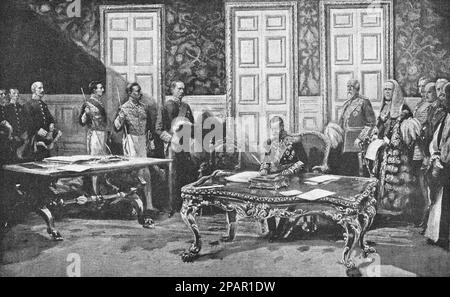 Le roi George V signe le premier décret. Dessin de 1910. Banque D'Images