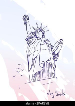 Croquis de la Statue de la liberté New York City USA et mouettes volant à proximité, illustration linéaire vectorielle dessinée à la main Illustration de Vecteur