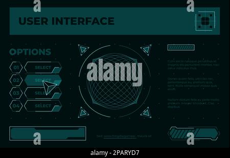 Écran de menu futuriste. Écran de démarrage de l'interface utilisateur de jeu avec boutons néons futuristes cadres flèches, éléments de jeu cyber-punk actif. Modèle graphique vectoriel. Interface utilisateur avec options, radar Illustration de Vecteur