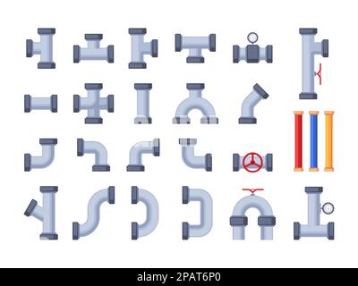 Eléments de tuyauterie. Détails du système d'ingénierie des canalisations d'eau, construction des raccords de tuyauterie avec tubes et système de drainage des vannes. Ensemble de plan vectoriel. Raccord d'équipement de plomberie, pièces en acier Illustration de Vecteur