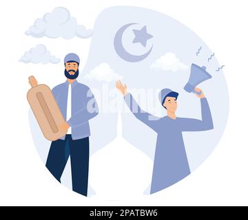 Les gens se réveillant pour le sahur, appelant les gens pour le sahur. Kentongan à frapper, illustration moderne à vecteur plat Illustration de Vecteur