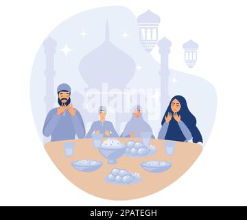 Iftar de la famille musulmane appréciant ramadan kareem mubarak ensemble dans le bonheur pendant le jeûne avec le repas, illustration moderne de vecteur plat Illustration de Vecteur