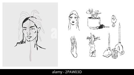 Dessin à la main vecteur abstrait ligne graphique art simple, collection contemporaine avec boho esthétique féminine. Portraits de femme.mode concept féminin Illustration de Vecteur