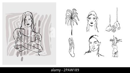 Dessin à la main vecteur abstrait ligne graphique art simple, collection contemporaine avec boho esthétique féminine. Portraits de femme.mode concept féminin Illustration de Vecteur