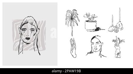 Dessin à la main vecteur abstrait ligne graphique art simple, collection contemporaine avec boho esthétique féminine. Portraits de femme.mode concept féminin Illustration de Vecteur