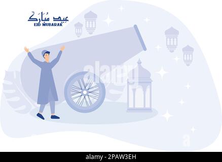 Un musulman est heureux d'accueillir le mois du Ramadan, ramadan kareem, illustration moderne à vecteur plat Illustration de Vecteur