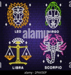 Ensemble d'astrologie zodiaque horoscope néon signe lion, vierge, balance, scorpion linéaire design. Illustration vectorielle. Élégant symbole ou icône de leo, vir Illustration de Vecteur