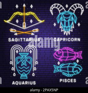 Ensemble de zodiaque astrologie horoscope néon signe sagittaire, capricorne, poissons, aquarius conception linéaire. Illustration vectorielle. Élégant symbole de dessin au trait ou ic Illustration de Vecteur