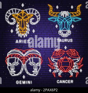 Ensemble de zodiaque astrologie horoscope néons signe aries, taureau, gémeaux, cancer conception linéaire. Illustration vectorielle. Élégant symbole de dessin au trait ou icône d'aries Illustration de Vecteur