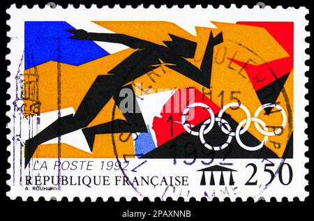 MOSCOU, RUSSIE - 15 FÉVRIER 2023: Timbre-poste imprimé en France montre les Jeux Olympiques d'été à Barcelone, série, vers 1992 Banque D'Images