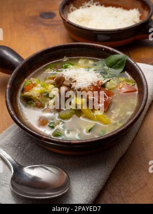 Soupe de légumes italienne minestrone aux haricots et aux pâtes dans un bol rustique en terre cuite Banque D'Images