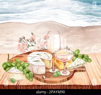 Verre à vin blanc aquarelle, raisins verts mûrs frais, fromage sur la table en bois paysage mer. Dessinez à la main l'arrière-plan avec des objets de nourriture pour pique-nique Banque D'Images