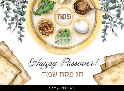 Bannière Happy Passover avec assiette de sider de Pesah, nourriture de vacances, matzah et eucalyptus - carte de voeux juive de Chag Sameach sur fond blanc Banque D'Images