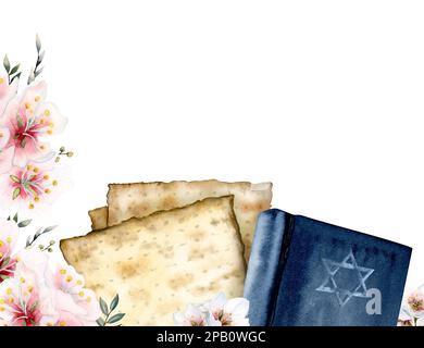 Modèle de salutation pour la Pâque avec espace de copie, livre Haggadat Pesach, matzah, fleurs d'amande, étoile de David sur fond blanc Banque D'Images