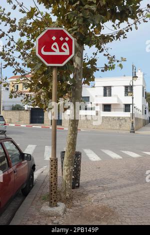 Un panneau stop en langue arabe photographié au Maroc, en Afrique. Banque D'Images