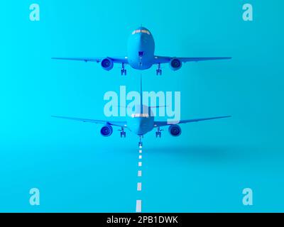 Illustration monochrome minimale des compagnies aériennes et du transport aérien de passagers et de fret. Un avion bleu prend le décollage sur la piste. Deux avions volent Banque D'Images