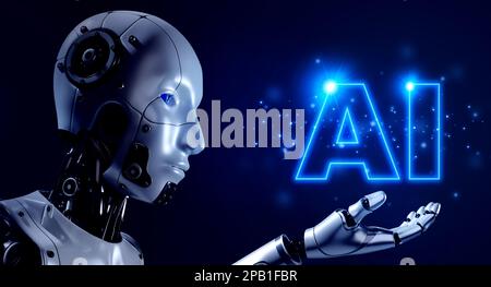 Gros plan 3D portraits de robots humanoïdes avec ai TECH, texte hologramme brillant sur fond bleu. Humanoïde robotique futuriste de l'IA, arti Banque D'Images