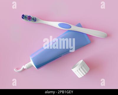 Le tube bleu de dentifrice est ouvert, le couvercle est blanc, une brosse à dents professionnelle avec des inserts en silicone pour un meilleur nettoyage des dents. Isolé sur rose Banque D'Images