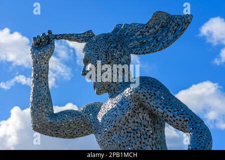 Statue de Sergio Aguero, par le sculpteur Andy Scott, au stade Etihad, Manchester, Angleterre, Royaume-Uni Banque D'Images