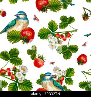 Motif sans couture avec fraises aquarelles, arbustes et coccinelle, oiseau. Nourriture pour la cuisine. Motif été avec illustrations peintes. Adapté à Banque D'Images