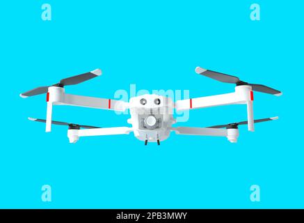Drone d'air de télécommande. Volent avec un petit caméscope d'action. Drone professionnel blanc pendant le vol. 3d illustration de rendu isolée sur bleu Banque D'Images