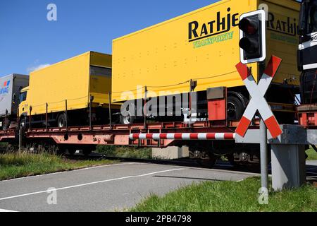 Car train, Sylt Shuttle, liaison de l'île de Sylt avec le continent, Sylt, Iles frisonnes du Nord, Frise du Nord, Schleswig-Holstein, Allemagne, E Banque D'Images