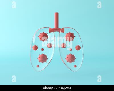Respiration. Infection poumons. Poumon de verre avec Covid 19 , coronavirus 2019-n, style de dessin animé, couleurs pastel. Vue microscopique du virus grippal flottant Banque D'Images
