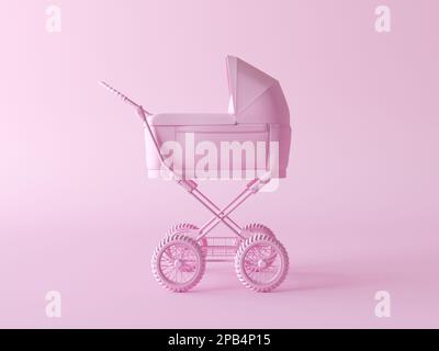 Vue latérale de la poussette pour bébé. Concept de transport de bébé. Chariot de bébé moderne rose, poussette, bébé Mock Up en style Duotone sur un backgroun rose pastel Banque D'Images