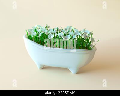 Kawaii plante de la maison dans forme créative pot. Joli pot en céramique avec fleurs blanches. Un pot avec une plante à la maison sous forme de bain. 3d rendu Banque D'Images