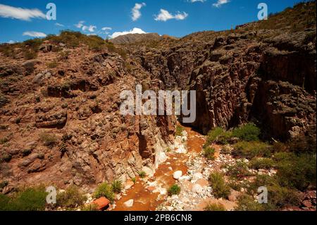 Cuesta de Miranda près de Chilecito vu du pont de combat, avec la rivière Miranda au loin, province de la Rioja, Argentine Banque D'Images