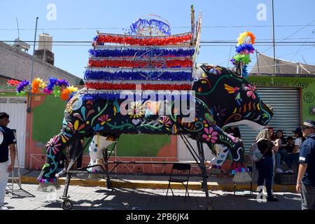 08 mars 2023, Mexique, Tultepec: Salon international des feux d'artifice 2023 (FIP), festival en l'honneur de San Juan de Dios, patron des feux d'artifice (Cueteros). Les taureaux sont faits de paper-mâché et de carton, avec une base métallique et des roues. Depuis le matin, ils défilent dans les rues et rivalisent pour le taureau avec le meilleur design. La ville magique de Tultepec est connue pour ses feux d'artifice. (Photo: Francisco Morales/DAMMPHOTO/Norte photo) Banque D'Images