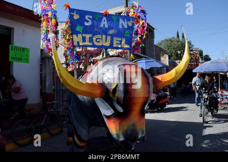 08 mars 2023, Mexique, Tultepec: Salon international des feux d'artifice 2023 (FIP), festival en l'honneur de San Juan de Dios, patron des feux d'artifice (Cueteros). Les taureaux sont faits de paper-mâché et de carton, avec une base métallique et des roues. Depuis le matin, ils défilent dans les rues et rivalisent pour le taureau avec le meilleur design. La ville magique de Tultepec est connue pour ses feux d'artifice. (Photo: Francisco Morales/DAMMPHOTO/Norte photo) Banque D'Images