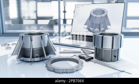 Tout en testant la qualité du filetage et en mettant en place des composants mécaniques, à l'aide d'un étrier et d'un ordinateur portable avec un programme de CAO - illustration 3D Banque D'Images