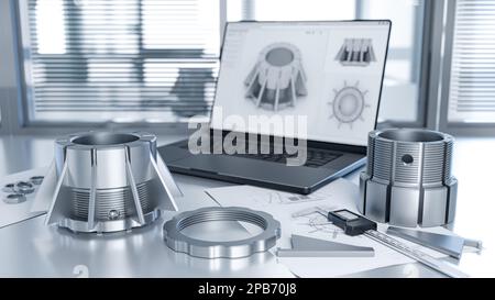 Tout en testant la qualité du filetage et en mettant en place des composants mécaniques, à l'aide d'un étrier et d'un ordinateur portable avec un programme de CAO - illustration 3D Banque D'Images