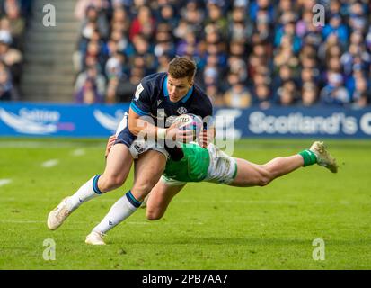 Édimbourg, Royaume-Uni. 12th mars 2023. Murrayfield, Édimbourg.12/03/2023, 12th mars 2023 : Guinness six Nations 2023. ScotlandÕs Huw Jones est attaqué pendant l'Ecosse contre l'Irlande, BT Murrayfield, Édimbourg. Crédit : Ian Rutherford/Alay Live News Banque D'Images