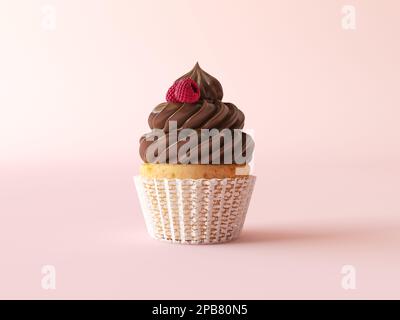Cupcake au chocolat avec framboises et biscuit à la vanille. 3d illustration. Cupcake mignon isolé sur fond rose. Collection de cupcakes Banque D'Images