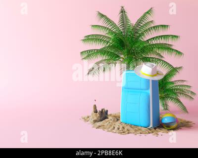 3D illustration solde d'été support pour montrer le produit. Vacances d'été sur la plage scène. Valise de voyage, chapeau d'été Banque D'Images