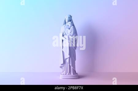 Sculptures Marie mère enfant bébé Jésus. Statue d'art en marbre Religion Christ Sculpture 3D illustration rendu. Bannière de dégradé créative. Banque D'Images