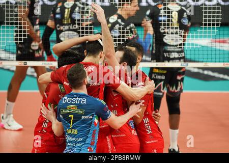 Pala Barton, Pérouse, Italie, 12 mars 2023, cucine Lube civitanova se réjouit pendant Sir Safety Susa Perugia vs Cucine Lube Civitanova - Volleyball Italien Serie A Men SuperLeague Championship Banque D'Images