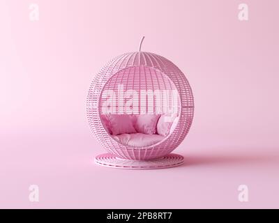 Un fauteuil rond en forme de cercle. Canapé en rotin avec oreillers, extérieur. Rose monochrome isolé sur rose pastel. 3d canapé de rendu. Banque D'Images