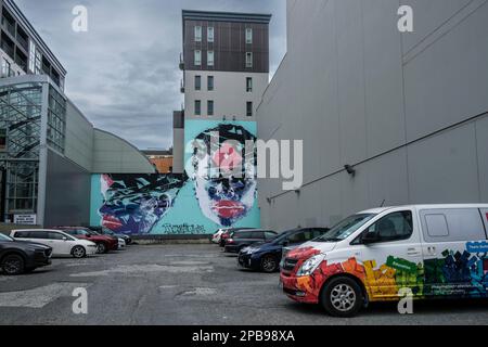 Une fresque décorant un parking - art de rue à Christchurch, Île du Sud, Nouvelle-Zélande Banque D'Images