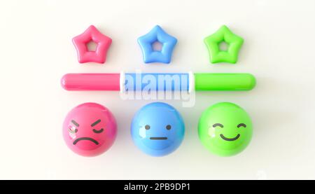 Icône de l'avis du client 3D, concept de notation. Trois étoiles, emoji et une échelle de notation. Vérifiez l'ensemble d'icônes, la classification du produit, laissez vos commentaires. Rendu Icon 3D tendance Banque D'Images