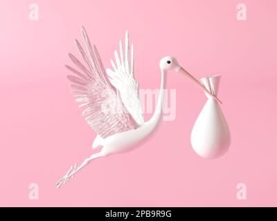 Porc portant un bébé isolé sur un fond rose. Oiseau de tempête silhouette avec bébé dans le sac. 3D rendu de l'illustration. La cigogne blanche qui porte bébé Banque D'Images