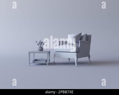 Intérieur gris monochrome minimal. Fauteuil monochrome et table basse dans un décor de studio gris sombre. Composition couleur unique, minimale Banque D'Images