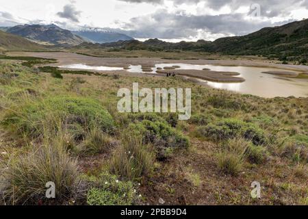 Valle Chacabuco au-dessus d'Estero Portezuelo avec des figures lointaines, Patagonie Banque D'Images