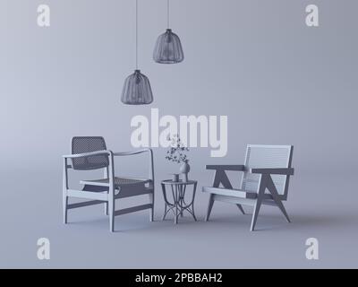 Table basse et deux fauteuils dans une chambre monochrome gris sombre. Composition couleur unique, style minimaliste. 3D rendu, cadre photo Banque D'Images