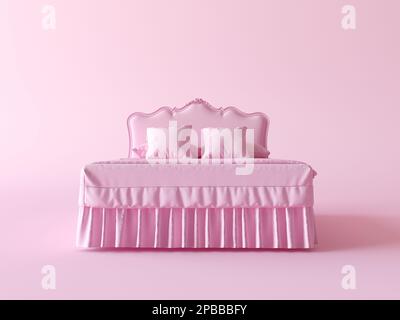 Concept lit vintage rose composition monochrome. Idée de papier minimum créative. Modèle avec lit king size sur fond clair et espace pour copier. 3d rendu Banque D'Images