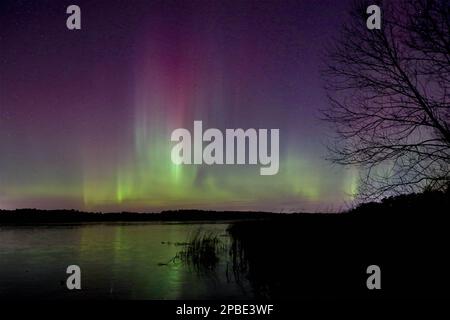 Northern Lights Brilliant Aurora Sky au-dessus du lac Minnesota Banque D'Images